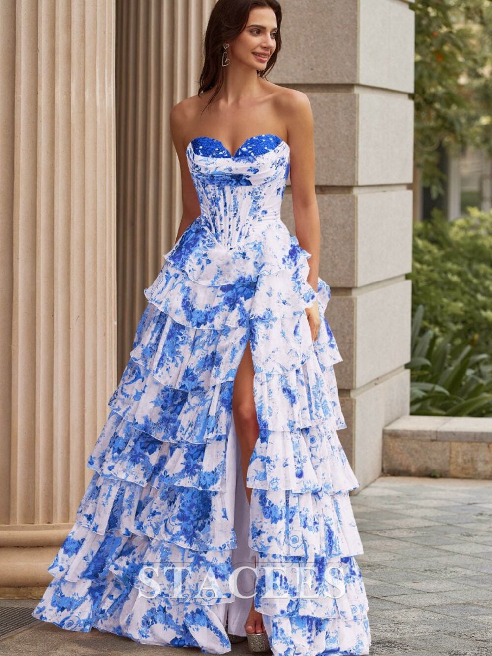 Stacees Blue Floral A-line Strapless Ruched Sweetheart Tiered Ruffle Prom Dress